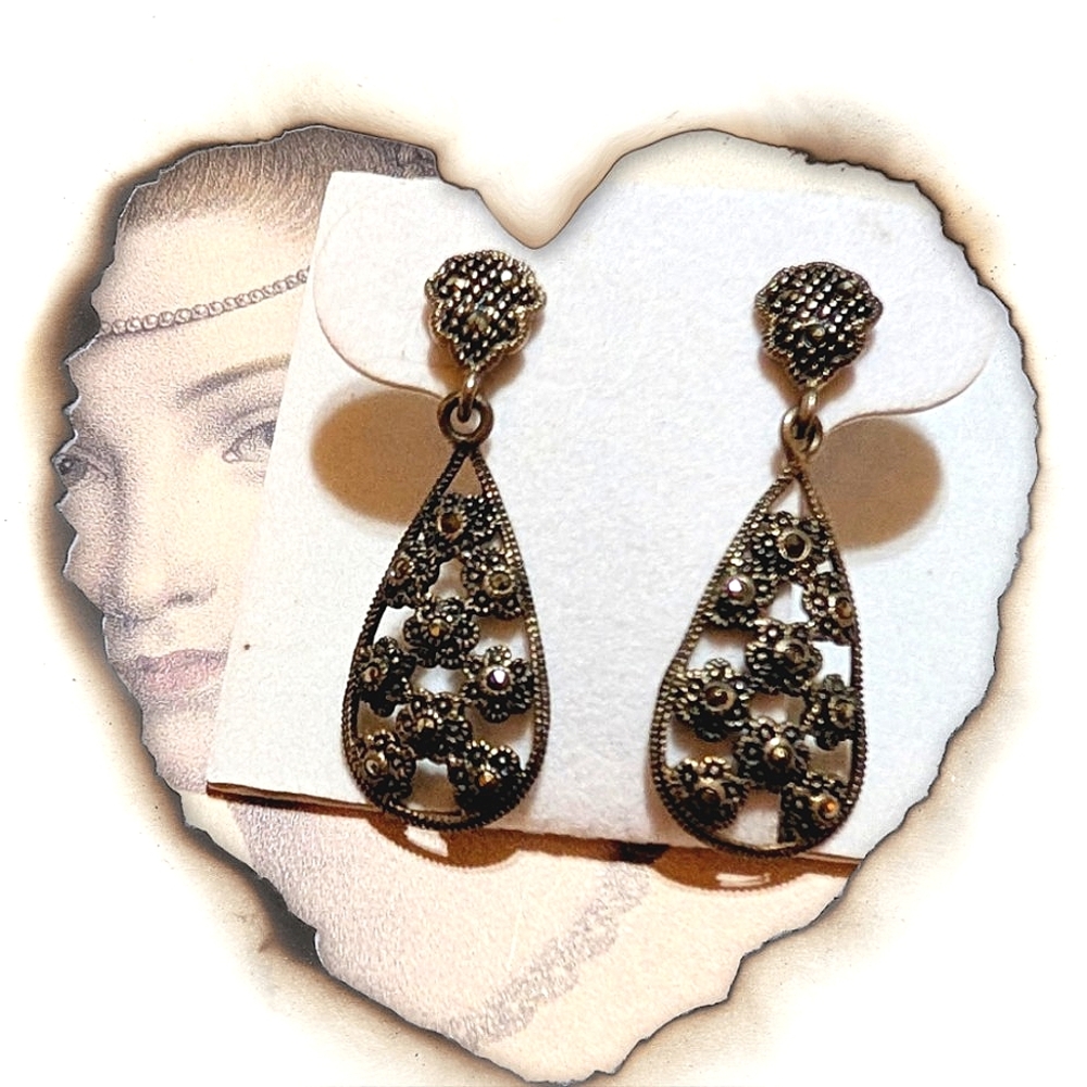 Art Deco Antique Sterling Marcasite Dangle Earrings